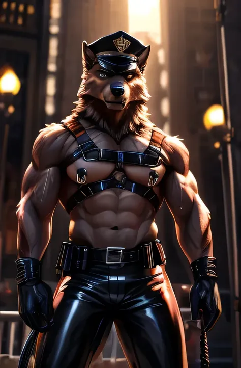 Masterpieces, furry, male, Anthropomorphic, brown wolf, thin body type, twink body type, Delicate eyes, goatee, glistening body, criminal thug, sadist, depth of field, perfect lighting, (best quality),(masterpiece),(ultra detailed), sharp focus, detailed b...