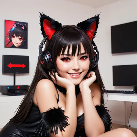 (masterpiece, best quality:1.2), 1girl, alone, junkotvvxl, black fur, fringe, cat ears, red eyes, with a happy expression in a g...