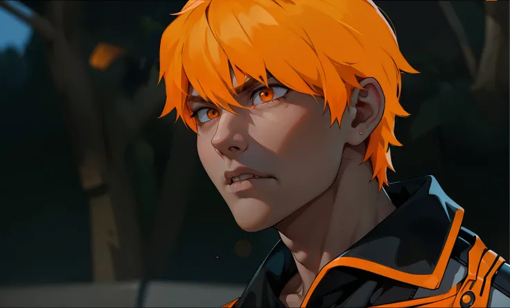 cute boy with orange hair and orange eyes is upset he is talking to someone with his mouth open he is serious angry sad