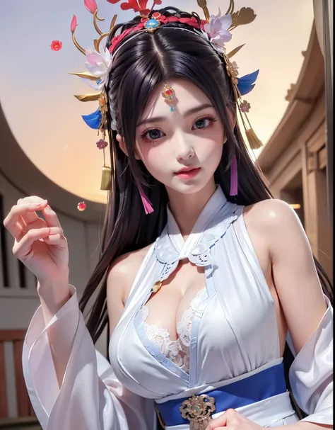 (8k, RAW photo:1.2), best quality, ultra high res,dramatic angle,(fluttered detailed color splashs), (illustration),(((1 girl))),(long hair),(rain:0.9), (Headdress:1.4),There is an ancient palace beside the girl,Hanfu,(Key Points),Color ink painting,(Splas...