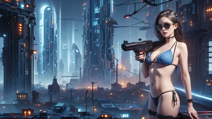 (((a medium-breast bikini slim GIRL with black (micro) sunglasses))), (((((aiming at viewer with a pistol))))), a balcony of a futuristic building, aerial view of an ultra-futuristic megalopolis, metal buildings and houses in dark colors from dark blue to ...