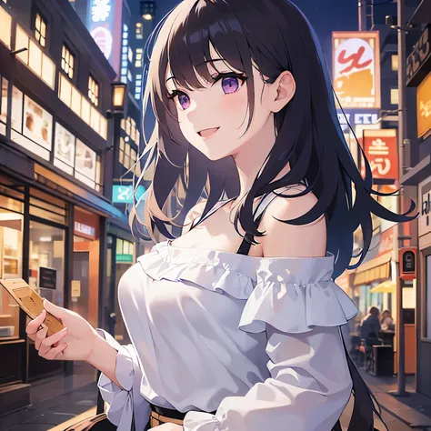 Detailed CG,Ultra-fine illustrations,masterpiece,Highest quality,AW Photo,(Pale skin:1.2),Glossy skin, shiny hair,(A 26-year-old woman with straight hair and bangs)and(Medium Hair)and(Black Hair)and(Purple eyes),BREAK(white:1.5)and(off shoulder blouse:1.5)...