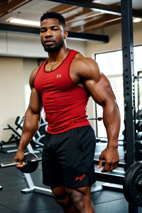 a muscular african american male in a gym setting wearing a red tank top