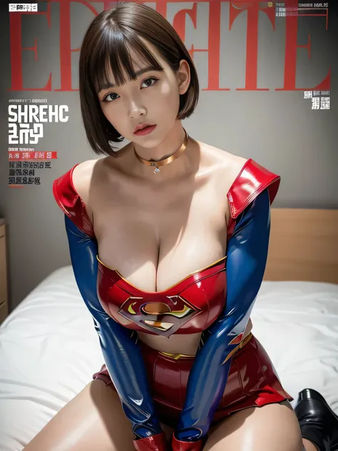 masterpiece、Enamel Supergirl Costume、short hair、operating table、Patent leather boots、Big and ample breasts、choker、Long sleeve、Red mini skirt、Looking at the camera、Off the shoulder、Boasting beautiful legs、Weekly magazine cover、Skin glistening with sweat、