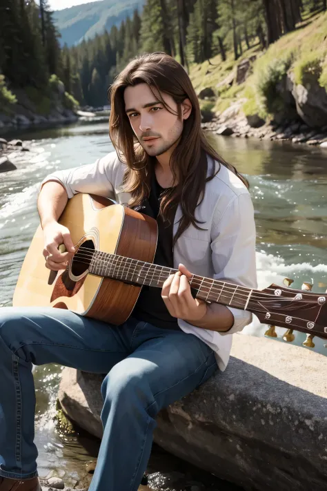 handsome man, with long brown hair playing guitar in front of a river. 