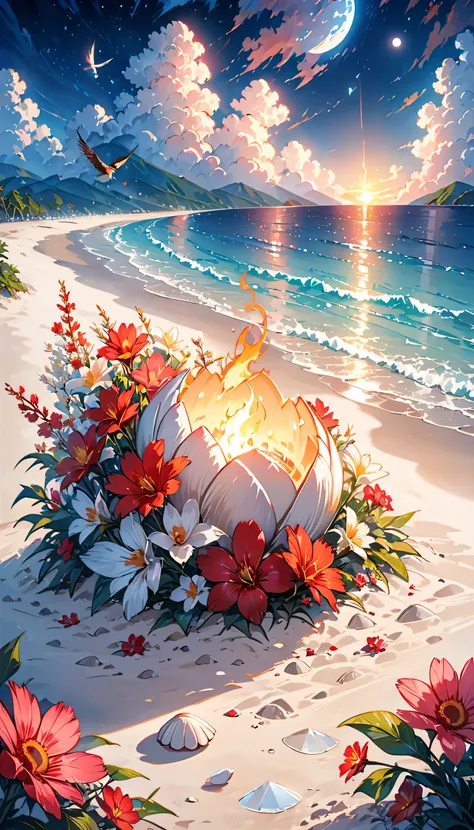 castle, Flowers, Exquisite scenes, Sky, White Cloud, The sun shines on the white sand beach. birds, pink Flowers and bright big shells, Diamond crystal, on the beach, fantasy, night Sky, moon, smokes, fire, photo, HD, 8K, UHD, Extremely detailed, high qual...