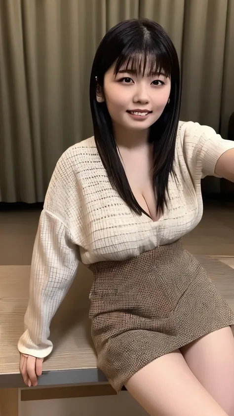 On the table、best quality、Photorealism、Finely、high resolution、８wallpaper、Perfect dynamic posture、Beautiful slender eyes and long hair、（Big plump breasts 1.3）、casual sexy pose、Random situations、Selfie Angle，Close Range，Looking at the camera，（Tight round nec...