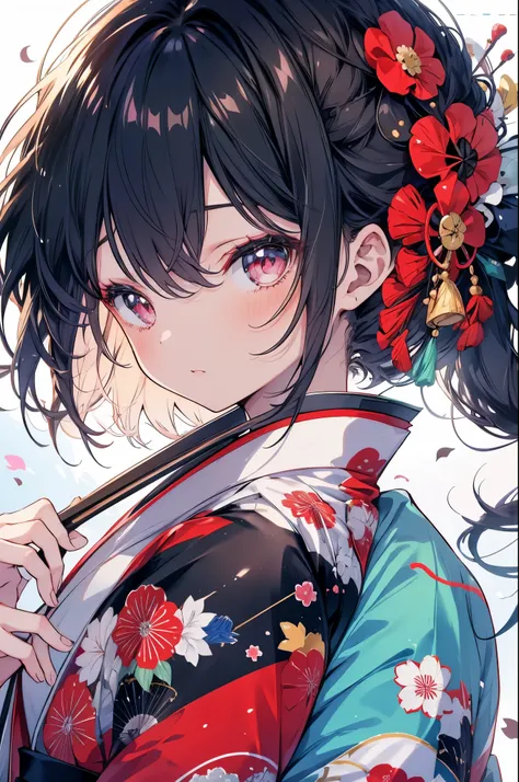 One Girl, Japanese, kimono, Holding a folding fan, good, Beautiful poop, delicate, cute, Black-haired, Narrow eyes, ((Head to waist)), masterpiece, Highest quality, Ultra HD