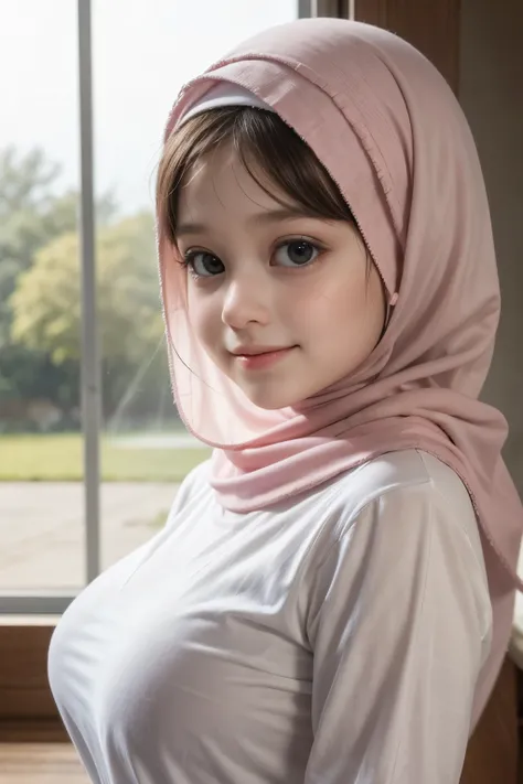 Chubby adorable, 1 girl, (face to face), 10 years old, baby face, happy, half body portrait, (face details: 1), (eye details: 1), ((big breasts)). wearing transparent transparency softpink long shirt, hijab, .. Cute posed. proportional body. Ultra High Res...