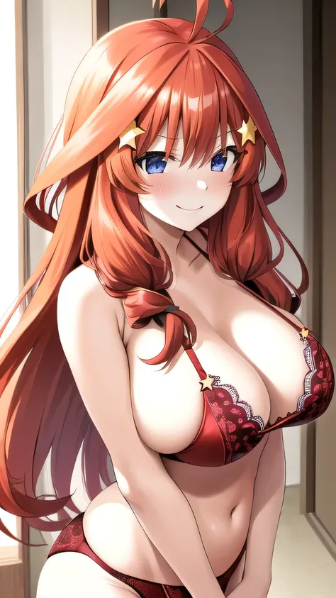 Itsuki Nakano、long redhead hair、star shaped hair ornament、ahoge、huge tit、(very bra、knickers)、(red blush:1)、standing、aretes、a smirk、(A sexy)