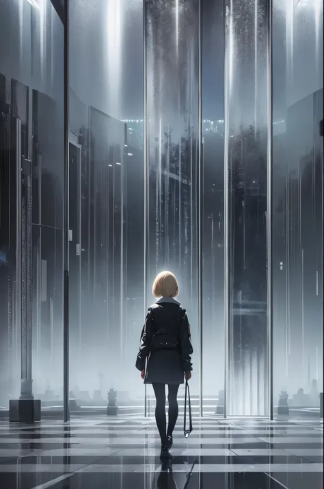 ((20-year-old woman,Blonde short bob hair,She is walking through an huge glass park in the Uneasy atmosphere world)),the sky in the clouds,inside the monochrome world,the atmosphere in the rain,There are faceless monsters in the park,Uneasy atmosphere.