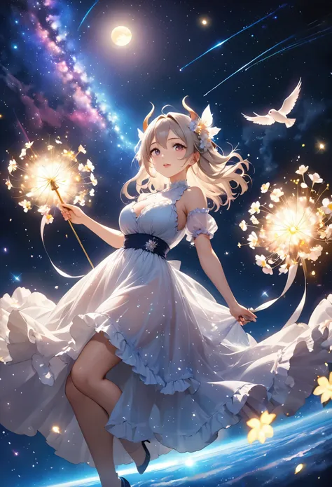 Highest quality, Super quality, 16K, Incredibly absurd, Very detailed, 2.5D, delicate and dynamic, Small faint lights and flying fireflies, night, Starry Sky, milky way, nebula, shooting star, Flowers, birds, wind and moon,erotic, sole sexy lady, healthy s...