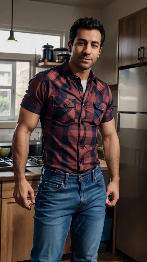 arafed man in a plaid shirt and jeans standing in a kitchen, wearing a shirt and a jean, wearing in shirt, wearing a flannel shirt, wearing a shirt, dancing in the background, wearing tight shirt, full body picture, wearing jeans, wearing a dark shirt and ...