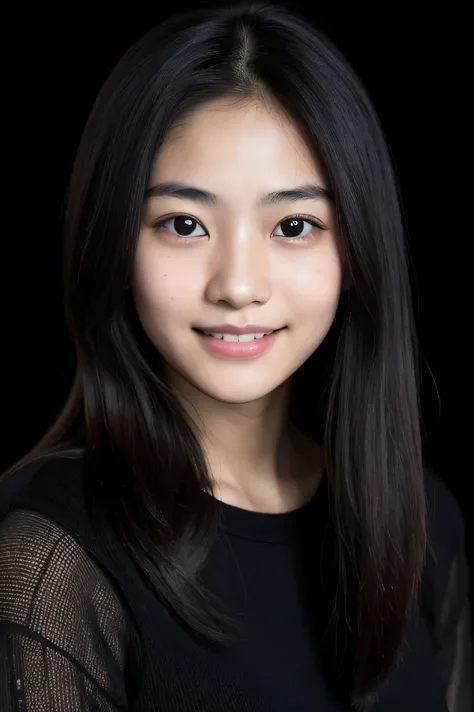 face perfect, beautiful face of a Japanese woman smiling , 15 years old , with black background, with lights on your face 