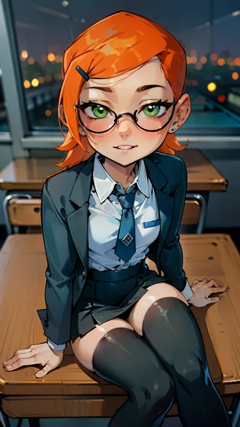 (Masterpiece), Best Quality, ultra-detailed, 1girl (Gwendolyn_Tennyson,  Slender and sexy body, lovely small breasts, orange hair, long wave hair, green eyes, half-closed eyes, spectacles), a come-hither face, smirk , parted lips, nose blush, blush, facing...