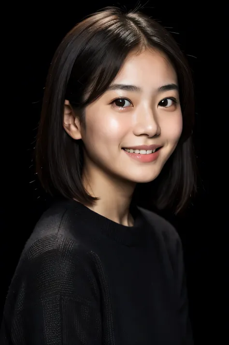 face perfect, beautiful face of a Japanese woman smiling , 15 years old , with black background 