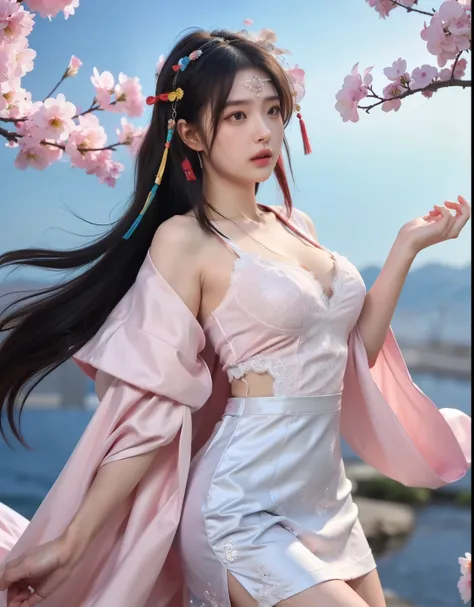 (8k, RAW photo:1.2), best quality, ultra high res,dramatic angle,(fluttered detailed color splashs), (illustration),(((1 girl))),(long hair),(rain:0.9), (Headdress:1.4),There is an ancient palace beside the girl,Hanfu,(Key Points),Color ink painting,(Splas...