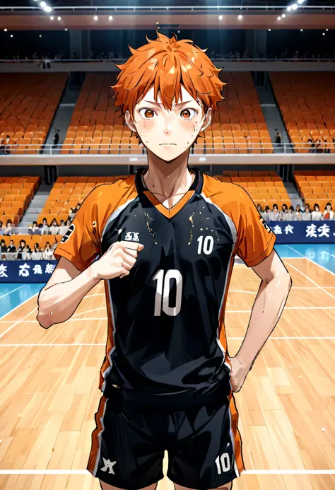 masterpiece, best quality, very aesthetic, absurdres, 1boy, hinata shouyou,	haikyuu!!, 
black and orange number 10 volleyball un...