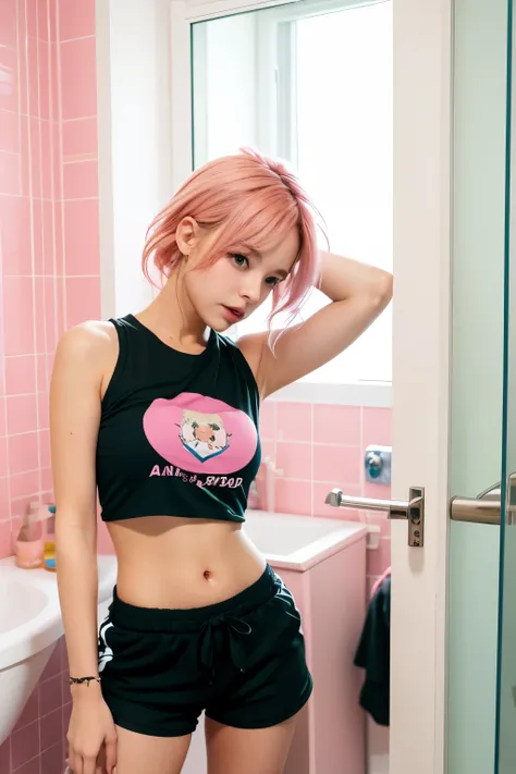 girl, pink hair, black top and shorts, in bathroom