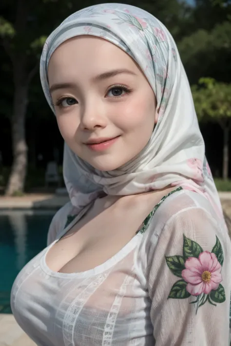 Chubby adorable, 1 girl, (face to face), 10 years old, baby face, happy, half body portrait, (face details: 1), (eye details: 1), ((big breasts)). wearing transparent transparency softpink long shirt, hijab, .. Cute posed. proportional body. Ultra High Res...