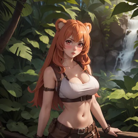 Raphtalia woman 20 years old straight orange hair , rounded bear ears, red eyes like ruby., serious expression, blush,  pale skin, big breasts, Lara Croft, background a temple in the jungle.