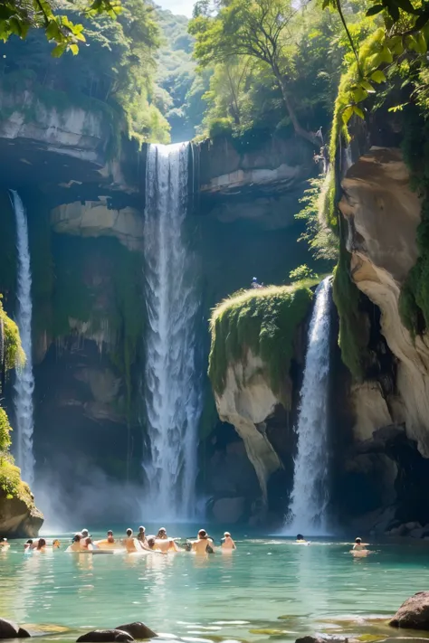 ((melhIn a lush and serene landscape, a majestic waterfall cascades its crystal-clear waters from a towering height. The waterfall forms a white veil that harmoniously contrasts with the vibrant greenery surrounding it. Tiny droplets of water hang in the a...