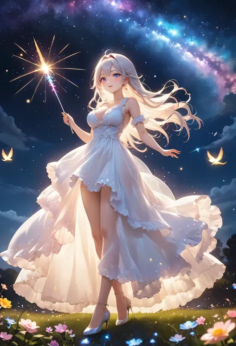 Highest quality, Super quality, 16K, Incredibly absurd, Very detailed, 2.5D, delicate and dynamic, Small faint lights and flying fireflies, night, Starry Sky, milky way, nebula, shooting star, Flowers, birds, wind and moon,erotic, sole sexy lady, healthy s...