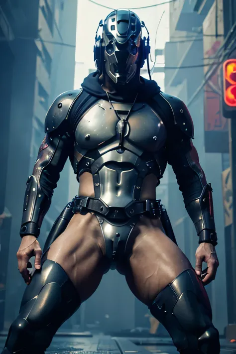 male, (muscular, full nude, only Glowing cyberpunk future helmet, only harness, Chastity belt, covered semen,) realistic, human skinned, spread legs, big huge bulge,