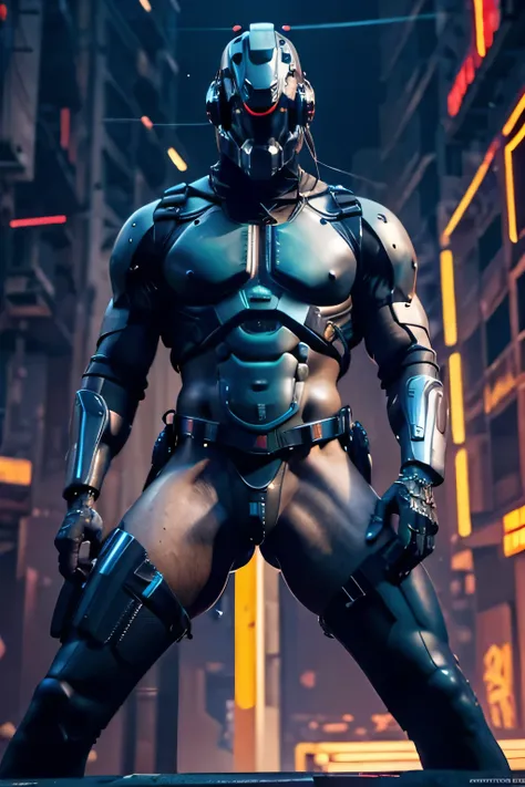 male, (muscular, full nude, only Glowing cyberpunk future helmet, only harness, Chastity belt, covered semen,) realistic, human skinned, spread legs, big huge bulge,