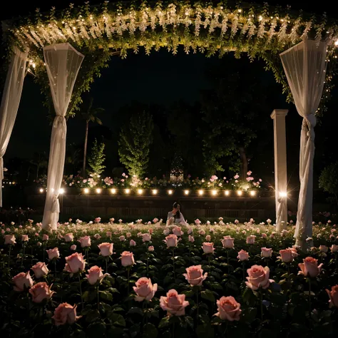 Roses resemble diamonds in a very large flower garden, at night