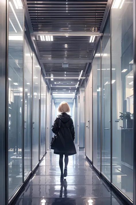 ((20-year-old woman,Blonde short bob hair,She is walking through an huge glass park in the Uneasy atmosphere world)),the sky in the clouds,inside the monochrome world,the atmosphere in the rain,There are faceless monsters in the park,Uneasy atmosphere.