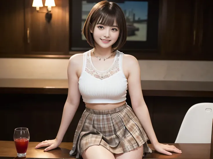 (8K, RAW Photos:1.2), Detailed face and eyes,最high quality, Ultra-high resolution, Very detailed ,Intricate details ,Tabletop ,pretty girl ,Round eyes、 Soft cinematic light, Hyper Detail,Sharp focus, high quality, Brown Hair,((Bobcut))、(Straight bangs)、Cit...