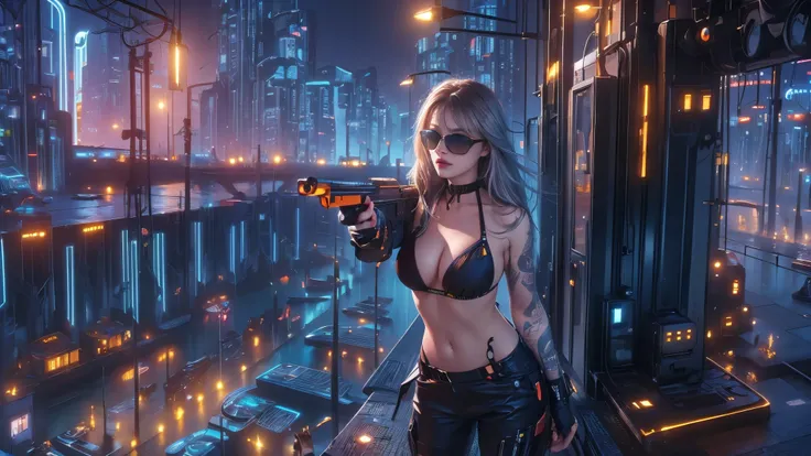 (((a medium-breast bikini slim GIRL with black (micro) sunglasses))), (((((aiming at viewer with a pistol))))), a balcony of a futuristic building, aerial view of an ultra-futuristic megalopolis, metal buildings and houses in dark colors from dark blue to ...