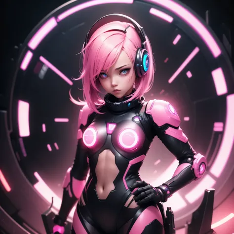 Robot Girl Android with pink hair in a pink suit with small yellow elements half cyborg modification Sad Beautiful sexy with yellow eyes stands half-turned sideways Sadness in the eyes Anime Style black background Cyberpunk style, Sexy thighs, black backgr...