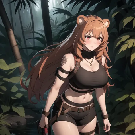 Raphtalia woman 20 years old straight orange hair , rounded bear ears, red eyes like ruby., serious expression, blush,  pale skin, big breasts, lara croft costume, Lara croft cosplay background a temple in the jungle.