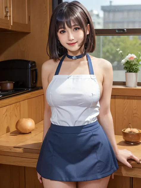 (Highest quality, masterpiece:1.3, Ultra-high resolution), (Very detailed), (Realistic:1.4, RAW shooting), ((Dark blue apron:1.2)), ((Slim body，Slim face)), girl, Japanese, cute, Straight Hair, ((Big Breasts)), (View from the front:1.1), Looking into the c...