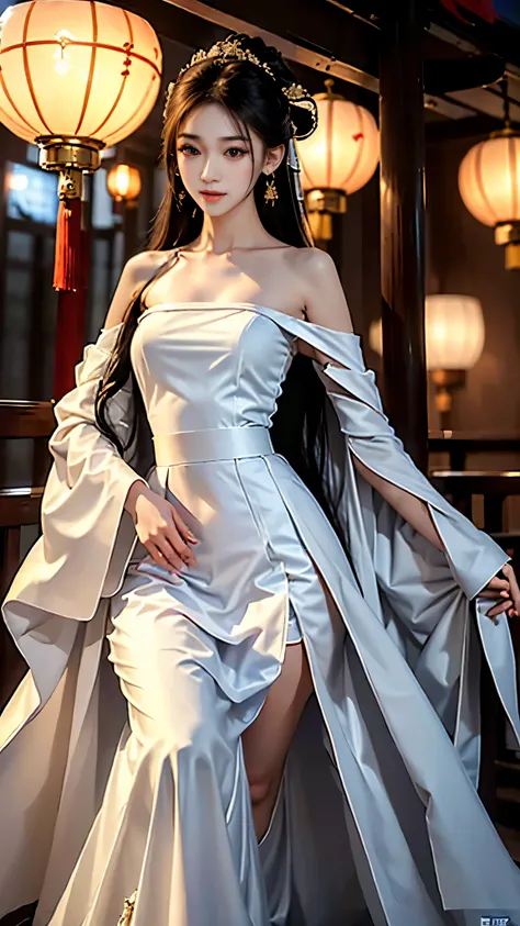 Girl in traditional Chinese clothing, Hanfu ,long black hair, black eyes, black bun hairstyle, hair accessories ,white diamond earrings, Bangle Diameter, Dia Necklace, Clear eyes, Facing forward,put on makeup, Long eyelashes ,(Long shoulder coat:1.5), (lon...