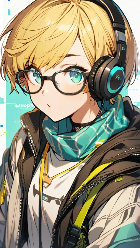 1girl, boyish, wearing glasses, aqua eyes, blond hair, short hair, headphone