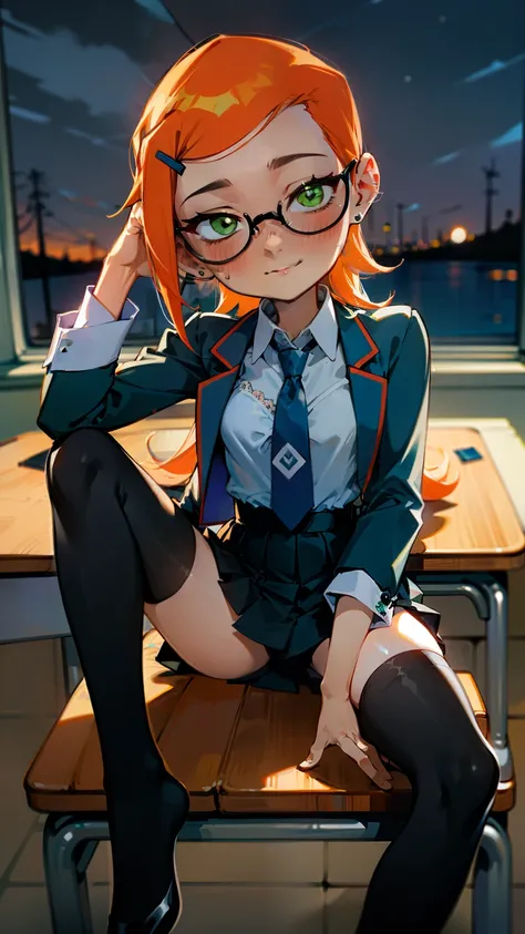 (Masterpiece), Best Quality, ultra-detailed, 1girl (Gwendolyn_Tennyson,  Slender and sexy body, lovely small breasts, orange hair, long wave hair, green eyes, half-closed eyes, spectacles), a come-hither face, smirk , parted lips, nose blush, blush, facing...