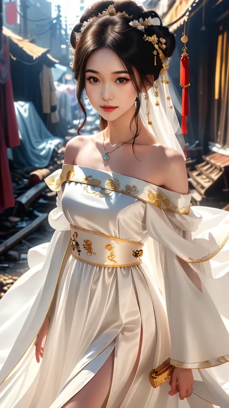 Girl in traditional Chinese clothing, Hanfu, Guzhen Hanfu women, White Hanfu,long straight black hair, black eyes, black bun hairstyle, hair accessories ,white diamond earrings, Bangle Diameter, Dia Necklace, Clear eyes, Facing forward,put on makeup, Long ...