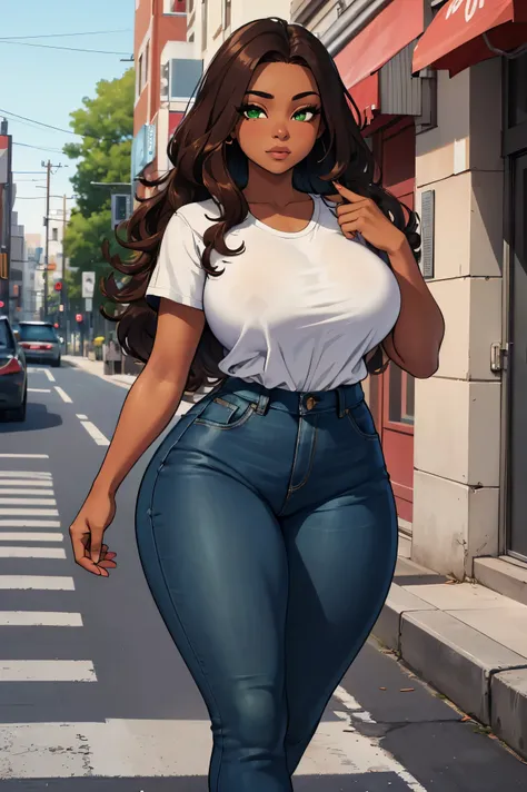 
((Masterpiece)), ((best quality)), 1 irl, gorgeous black African American 20 year old woman, perfect face, perfect curvy body, perfect long wavy brown hair, beautiful green eyes, slim thick, wearing brown flannel, blue jeans, walking on the side walk, out...