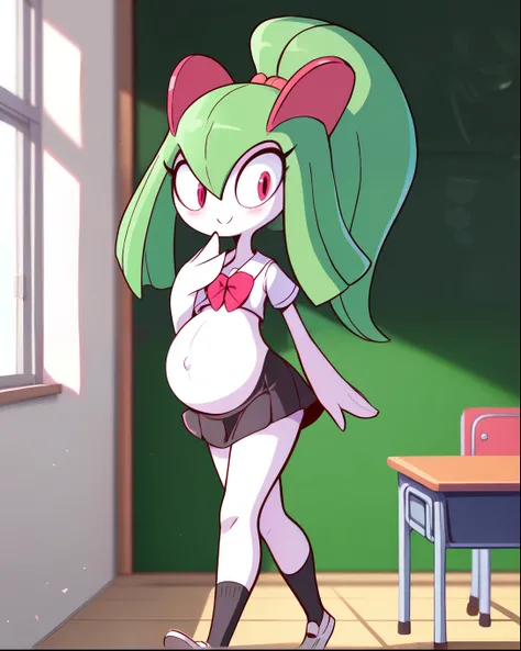 score_9, score_8_up, 1girl, kirlia, happy, full body, school, human proportions, looking at viewer, by diives, pregnant, pregnancy, shy smile, rubor, mirada cansada, caminando, walking, de pie, classroom, salon de clases, school, manos en la cadera, manos ...