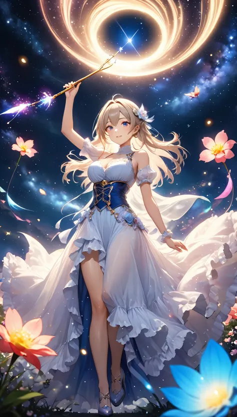 Highest quality, Super quality, 16K, Incredibly absurd, Very detailed, 2.5D, delicate and dynamic, Small faint lights and flying fireflies, night, Starry Sky, milky way, nebula, shooting star, Flowers, birds, wind and moon,erotic, sole sexy lady, healthy s...