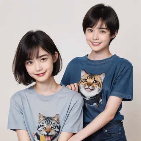 250 (An 18-year-old female and an 18-year-old male), (short hair),kind, lipstick, (jeans), (Animal characterＴshirt), smile