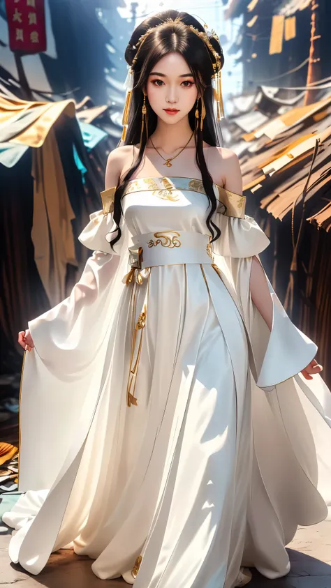 Girl in traditional Chinese clothing, Hanfu, Guzhen Hanfu women, White Hanfu,long straight black hair, black eyes, black bun hairstyle, hair accessories ,white diamond earrings, Bangle Diameter, Dia Necklace, Clear eyes, Facing forward,put on makeup, Long ...