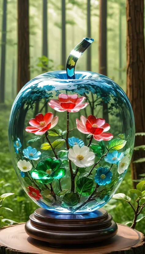 Thousand Flower Glass Style,Double contact，Glass apple and forest，Forest as background