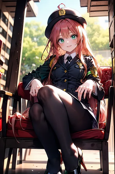 Lara Deviluke, Lara Deviluke, Long Hair, Pink Hair, tail, Ahoge, bangs, hair ornaments, (Green Eyes:1.5), smile,blush,Open your mouth,demon tail,Police hat with black rimmed glasses,Sexy police uniform,Black pencil skirt, black pantyhose,Stiletto heels,sit...