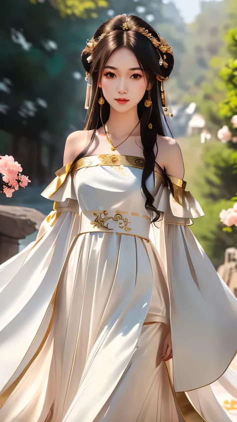 Girl in traditional Chinese clothing, Hanfu, Guzhen Hanfu women, White Hanfu,long straight black hair, black eyes, black bun hairstyle, hair accessories ,white diamond earrings, Bangle Diameter, Dia Necklace, Clear eyes, Facing forward,put on makeup, Long ...