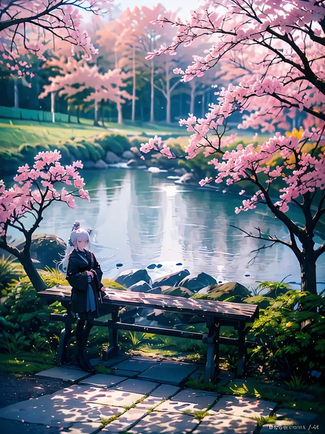 ((best qualityer)), ((work of art)), ((realisitic)),  with impeccable beauty in a serene Japanese garden with cherry blossoms at eye level, scenic, work of art, (high resolution), original, extremely detalheed 8K , (photorealisitic:1.4),flawless face, perf...
