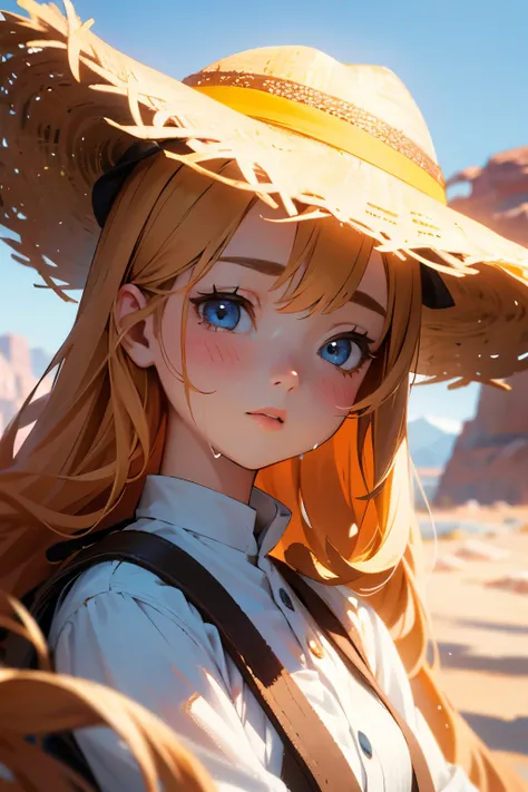 Chibi Girl、Walking along a straight road in Valley of Fire State Park、hat、Sweat、heat haze、No green、I can see a big rock mountain、Very detailed、Ultra-realistic、Photorealistic、8K、Hyperrealistic、masterpiece、Beautiful detailed eyes、Beautiful detailed lips、Very...